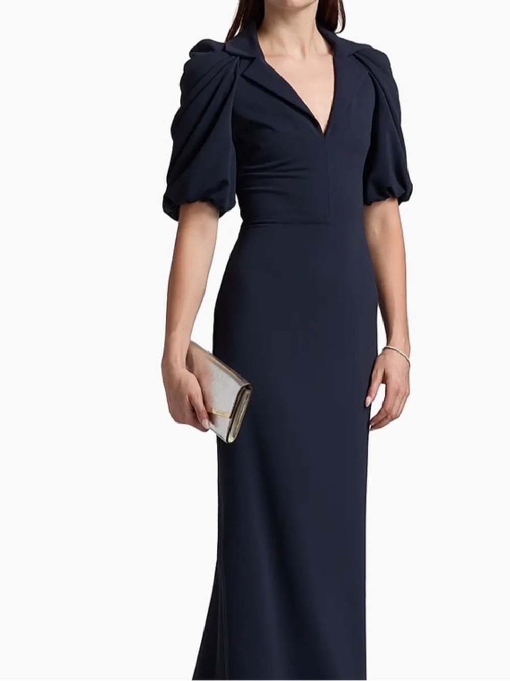 Like new, Badgley Mischka Crepe Puff-Sleeve Evening Gown, collar size 4